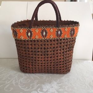 Beirn Straw BeadedTote w/ Real Snake Skin Handles